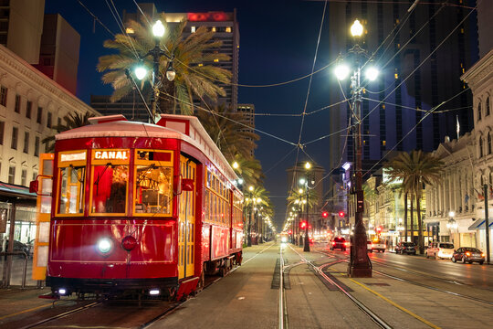 New Orleans trolley at french quarter main street at night