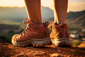 Schilderijen op glas Womans hiking boots in scenic mountain landscape adventure outdoors nature traveler sport © Evgeny