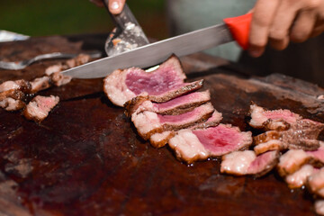 meat on a grill, barbecue, picanha, meat, rare, red meat, smoked, carnivorous, brazilian barbecue