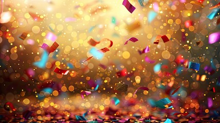 Obraz na płótnie Canvas Golden Celebration: Festive Neon Confetti Flying High in Colorful Party