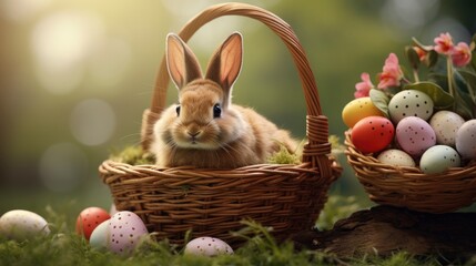 Fototapeta na wymiar Little Bunny In Basket With Decorated Eggs - Easter Card - generative ai
