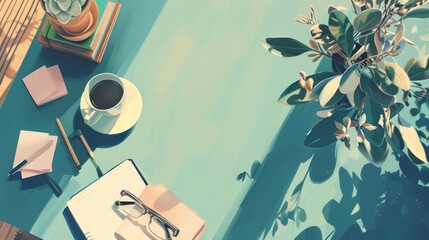 Artistic flat lay of coffee, notepad, and potted plant on teal table. Digital illustration with creative workspace concept - obrazy, fototapety, plakaty