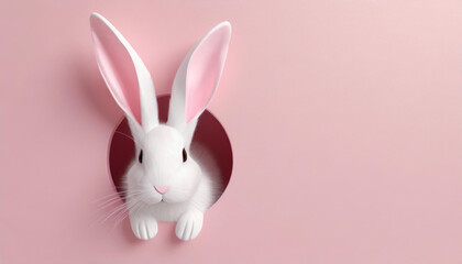 Adorable Easter Bunny Peeking Through Pink Wall Hole, Spring Celebration