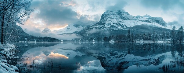 Snowy mountains in winter day near lake under dark sky at sunrise - obrazy, fototapety, plakaty