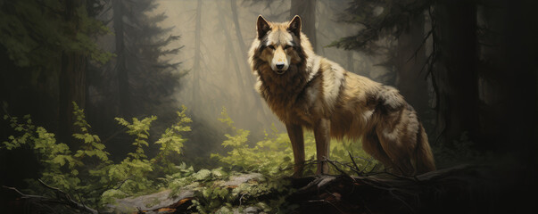 Wolf in a tranquil forest scene - obrazy, fototapety, plakaty