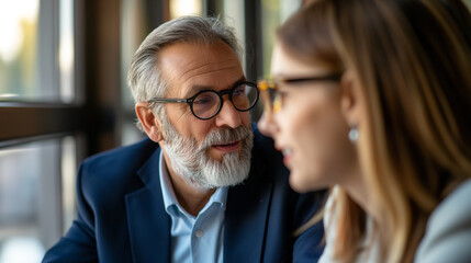 A mentorship moment where a seasoned businessman executive advises a young businesswoman, their interaction illuminated by soft natural light, emphasizing guidance and growth, with copy space - obrazy, fototapety, plakaty