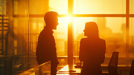 An early morning strategy session between a businessman and businesswoman, the rising sun casting a warm glow over their plans and aspirations, in a sleek, contemporary office, with copy space
