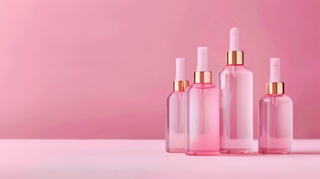 Transparent cosmetic bottles with pink liquid on a pink background. Beauty product packaging design concept