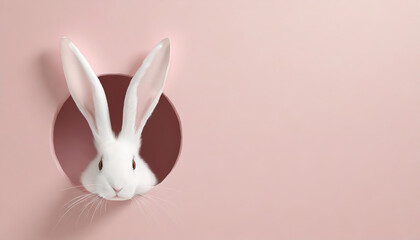 Fototapeta na wymiar Adorable Easter Bunny Peeking Through Pink Wall Hole, Spring Celebration