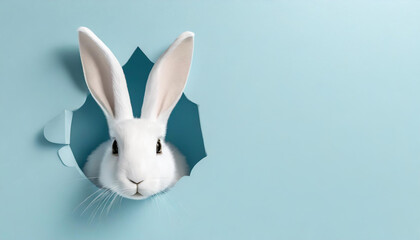 Adorable Easter Bunny Peeking Playfully Through Bright Blue Wall Hole