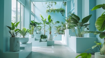 Indoor botanical garden with various potted plants. Interior design and green living concept for design and print. Modern plant decor in natural lighting