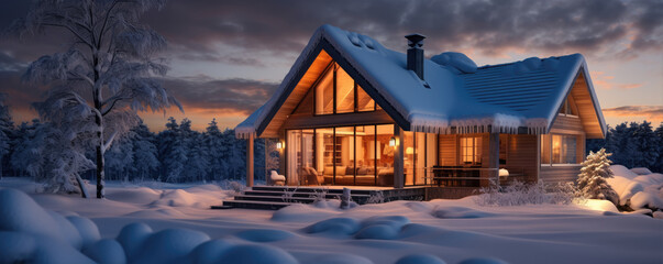 Cozy winter house covered in snow at dusk