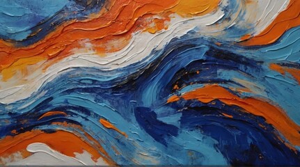 Closeup of abstract rough colorful blue orange complementary colors art painting texture background wallpaper, with oil or acrylic brushstroke waves, pallet knife paint on canvas - obrazy, fototapety, plakaty