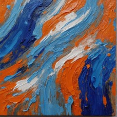 Naklejka premium Closeup of abstract rough colorful blue orange complementary colors art painting texture background wallpaper, with oil or acrylic brushstroke waves, pallet knife paint on canvas