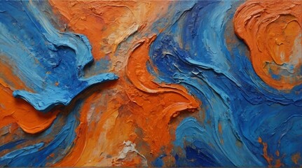 Naklejka premium Closeup of abstract rough colorful blue orange complementary colors art painting texture background wallpaper, with oil or acrylic brushstroke waves, pallet knife paint on canvas