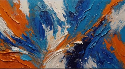 Closeup of abstract rough colorful blue orange complementary colors art painting texture background wallpaper, with oil or acrylic brushstroke waves, pallet knife paint on canvas - obrazy, fototapety, plakaty