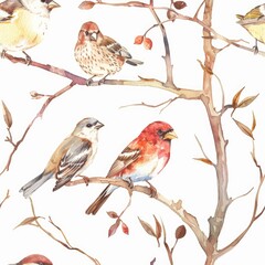 Seamless watercolor pattern with birds gracefully perched on branches
