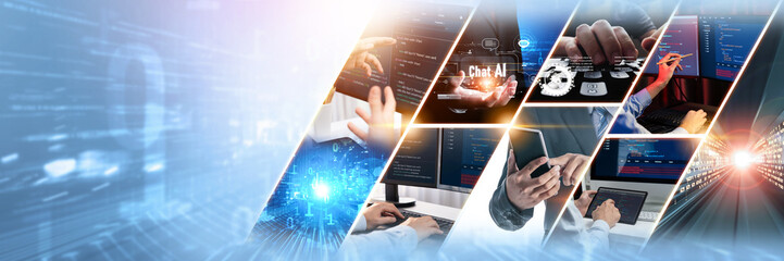 Computer programming, coding and AI artificial intelligence software development engaged by skilled...