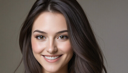 Naklejka premium One beautiful woman, with dark hair, smiling and looking at camera 