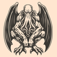 Black and White Cthulhu,Silhouette Ornament Vector Art for Logo and Icon	