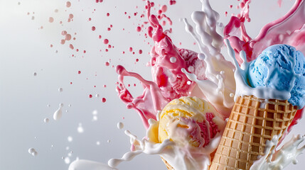 Explosion of bright and tasty ice cream in a waffle cone on a white background. Splashes of ice cream fly into the lens
