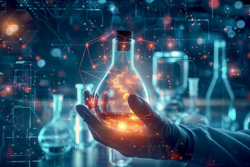 Hand of scientist holding flask with lab glassware and glowing network hologram on chemical laboratory background. AI Generated