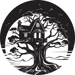 TreeTopHabitat Hand Drawn Symbol for Tree House Icon NestledNest Vector Black Logo Design for Elevated Sanctuary