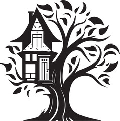 TimberTreetop Vector Black Logo Design for Elevated Dwelling CanopyCitadel Iconic Emblem of Arboreal Stronghold