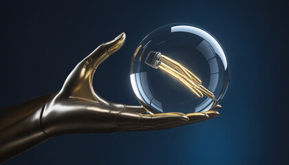 3d render, abstract metallic mannequin hand, bright light glows inside the glass ball, isolated on dark blue background. Scientific minimalist wallpaper, ecological energy source concept