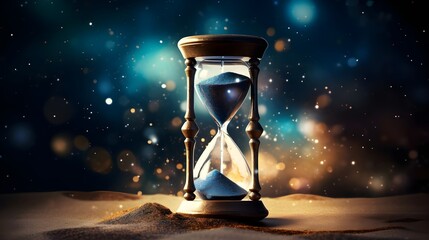 Hourglass on sand on bokeh background. Sand running through the glass. Time management concept.