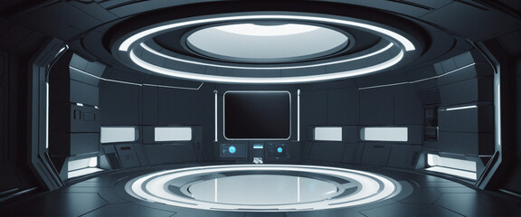 Sci-fi style room. Circular room with illuminated center circle section. dark interior, white illumination. wide format. 