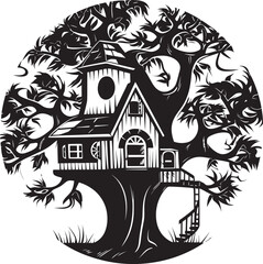 VerdantVilla Hand Drawn Symbol for Elevated Dwelling BoughBungalow Vector Logo Design for Treetop Retreat