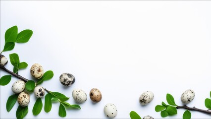 Decoration of quail eggs and twigs with leaves on a white background. - obrazy, fototapety, plakaty