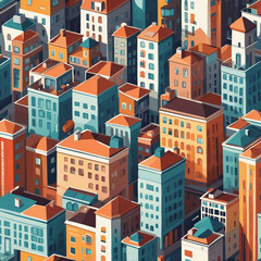 Modern city illustration on isolated background. Flat houses and apartment buildings in colorful geometric style.