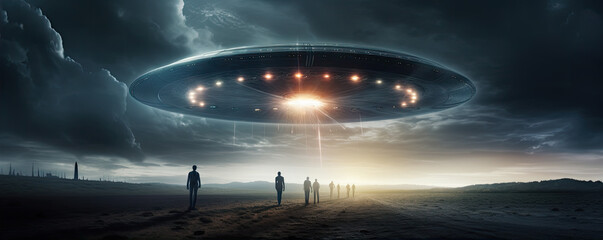 UFO hovering over people in a surreal landscape