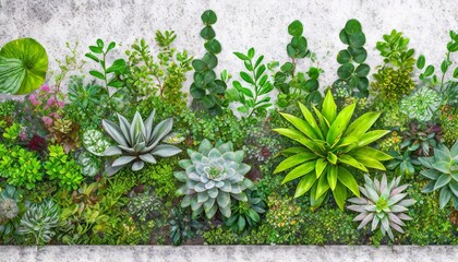 Green succulent plants in the garden with concrete wall texture background.