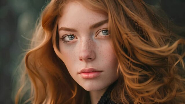 Close-up of a young woman with red hair and freckles. Studio portrait with a modern style. Beauty and fashion concept. Design for beauty products, poster, banner.
