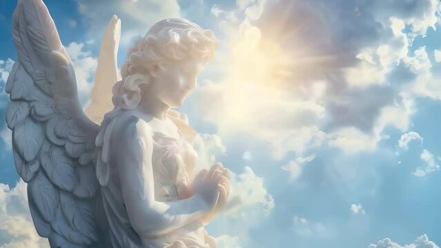Angel with wings in the clouds with the sun behind. The concept of heavenly light and protection