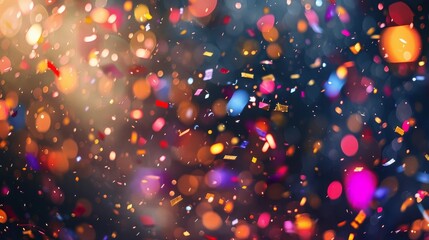 Background with Blurry and vibrant lights, colorful confetti, creating a festive atmosphere at a graduation celebration