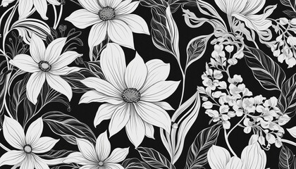 Abstract black and white flower art seamless pattern. Trendy contemporary floral nature shape background illustration. Natural organic plant leaves artwork wallpaper print. Vintage spring texture.