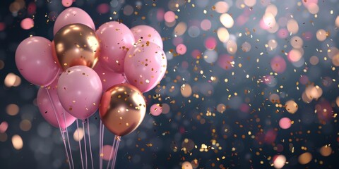 Background with multitude of pink and gold balloons soar through the air, creating a festive atmosphere on graduation day - obrazy, fototapety, plakaty