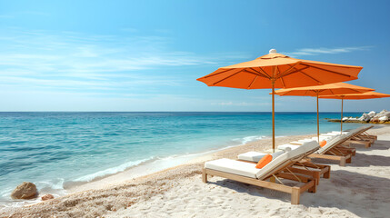 Beach chairs and umbrellas on the sandy beach under blue sky. Copy space