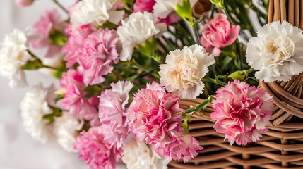Naklejka na ściany i meble Close up flower bouquet arrangement in wicker basket isolated on white, carnation, rose, orchid, anunculus