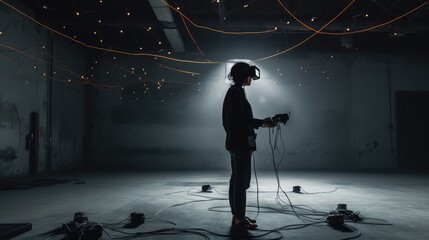 Person experiencing virtual reality in a dark room with glowing lights
