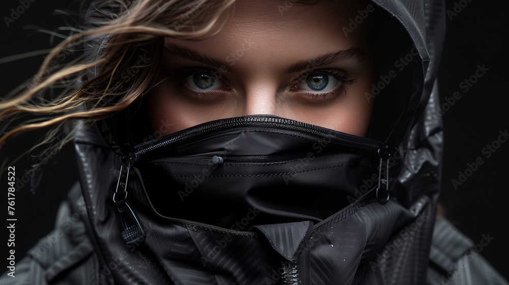 Wall mural A close-up a face woman in zip-up clothing, eyes boldly staring. black backdrop. Girl in balaclava. Clothes advertising