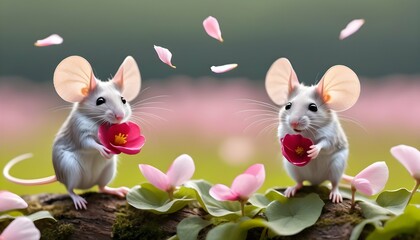 Mice With Flower Petal Wings Fluttering In The Br - obrazy, fototapety, plakaty