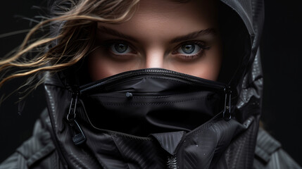 A close-up a face woman in zip-up clothing, eyes boldly staring. black backdrop. Girl in balaclava. Clothes advertising - obrazy, fototapety, plakaty