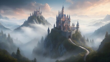 Visualize An Enchanted Castle Atop A Misty Mounta - obrazy, fototapety, plakaty