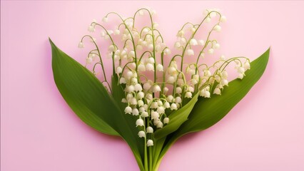 A bouquet of spring lilies of the valley in the middle of a pink background.