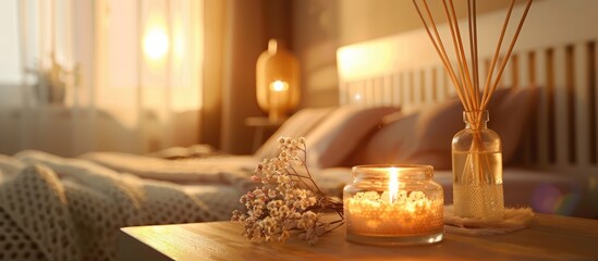 Liquid fragrance in container with bamboo sticks and candle on table in bedroom in cozy setting. Warm and inviting ambiance.